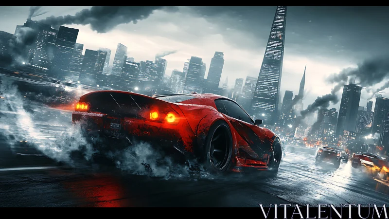 Red sports car roars through a rainy neon city night street