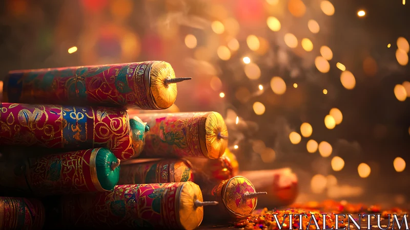 Photorealistic festive firecrackers with bokeh illumination.