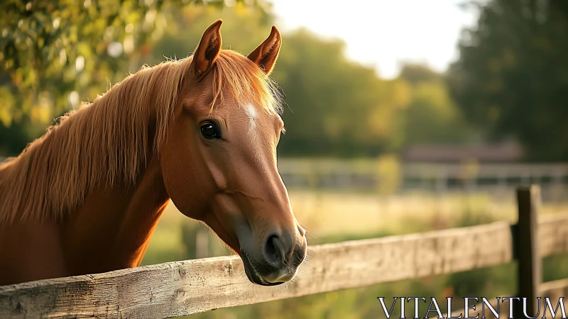 Horse stands beside wooden fence in soft evening light