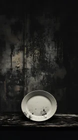 Empty ceramic plate in high-contrast chiaroscuro against distressed wall.