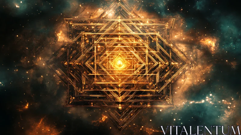 Geometric golden energy core floating in cosmic nebula