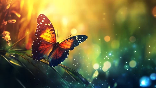 Vibrant butterfly on glowing grass in magical, dreamy style.