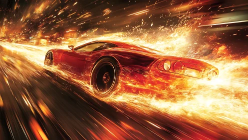 Blazing red sports car racing through a river of fire.