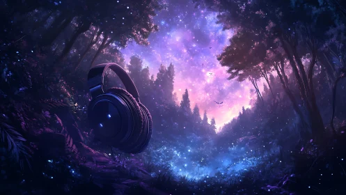 Headphones rest in glowing forest under cosmic twilight sky