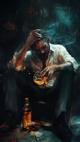 Painterly noir study of a man drinking alone on floor.