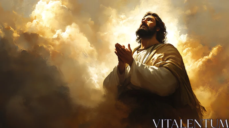 Praying robed figure stands in radiant golden cloud light