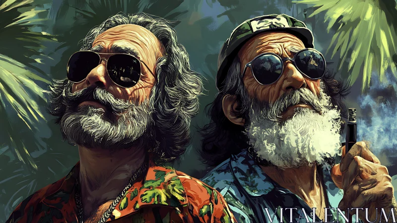 Older men in sunglasses and tropical shirts outdoors.