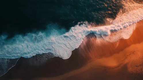 Aerial shoreline study captures contrasted surf and sunset sand