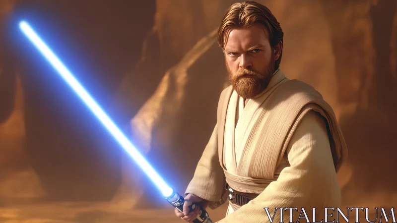 Blue plasma sword warrior in desert canyon, cinematic light