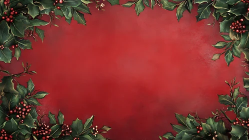 Red background with holly leaf and berry frame border design.