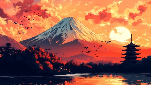 Sunset glow over tranquil mountain and lakeside pagoda.