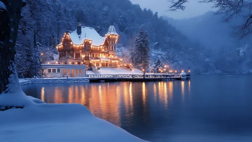Lakeside winter manor gleams like a storybook lantern dream.