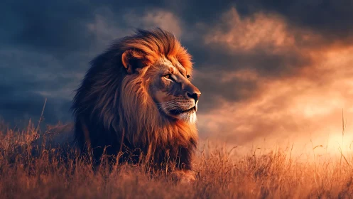 Majestic male lion in warm sunset grassland light.