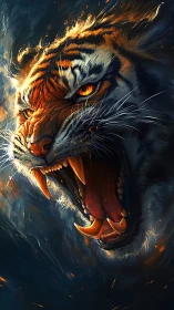 Inferno-eyed tiger howls through embers and storm-dark dusk.