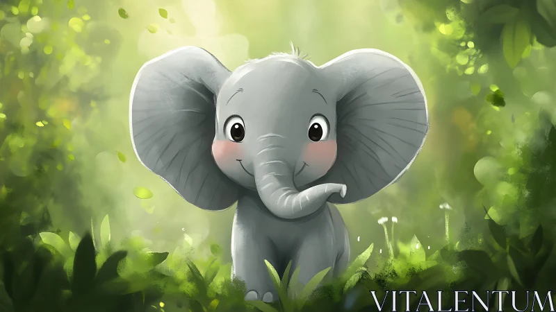 Playful baby elephant in glowing forest clearing illustration.