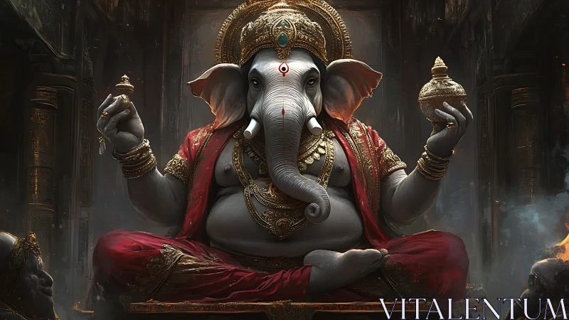 Digital Ganesh deity in ornate temple, luminous red robes.