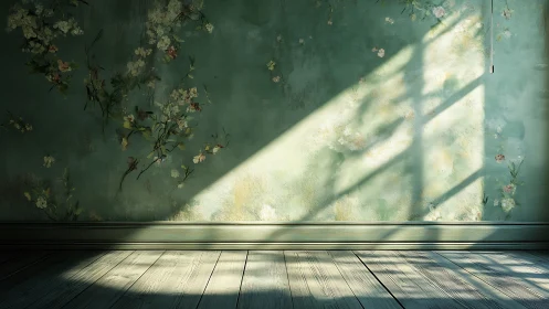 Sunlit floral wall and wooden floor in empty interior space.