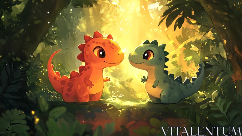 Bioluminescent backlit chibi dinosaur pair in lush jungle clearing.