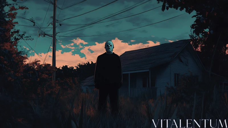 Masked figure stands before rural house at dusk