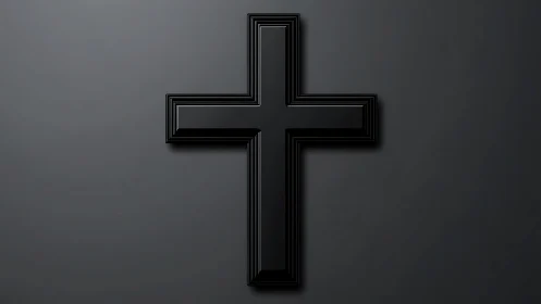 Sleek black cross glowing softly on calm dark background.