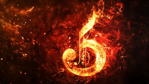 Fiery treble clef symbol with glowing musical notes on black.