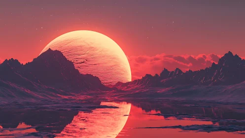 Crimson alien sunset over jagged mountains and mirror lake.