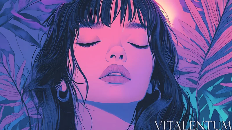 Woman with closed eyes in neon tropical digital portrait