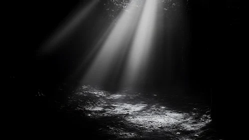 Directional light shafts pierce a dark forest floor in monochrome