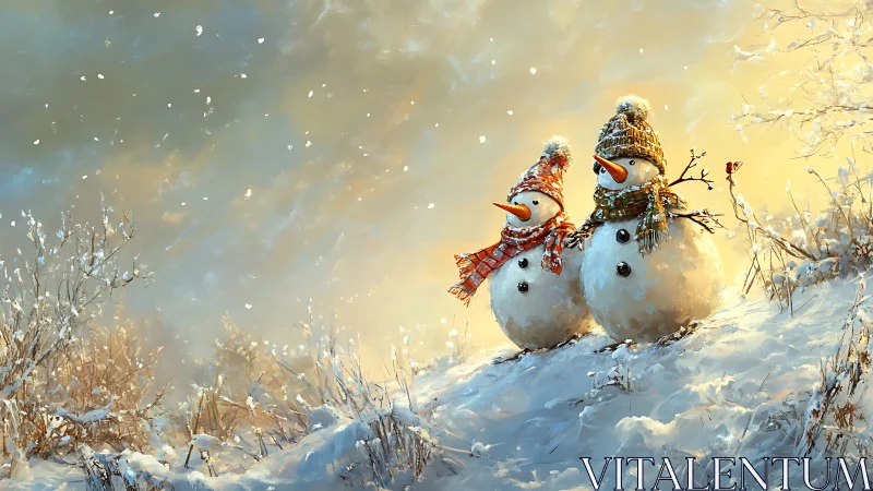 Snowy hillside trio share a golden winter sunset hush.