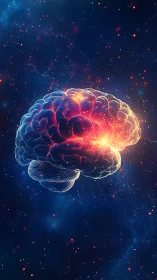Luminous digital brain floating inside cosmic starfield.