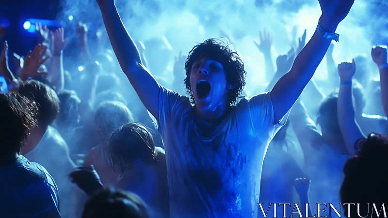 Blue-fog anthem erupts around ecstatic crowd-surf spirit.