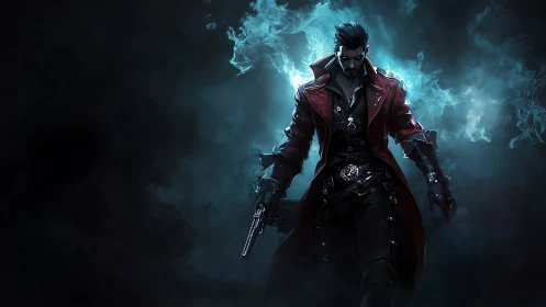 Dark gunslinger strides through ethereal cyan energy halo.