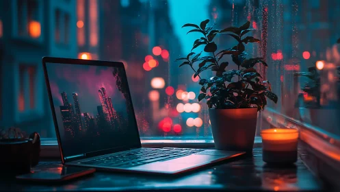 Laptop and plant sit on windowsill overlooking defocused city