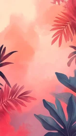Tropical foliage silhouette on pink and coral gradient sky.