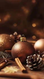 Brown Christmas ornament sits among pinecones and spices