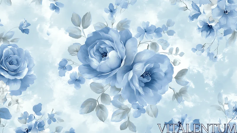 Blue Floral Composition with Layered Rose Formations and Ethereal Background.