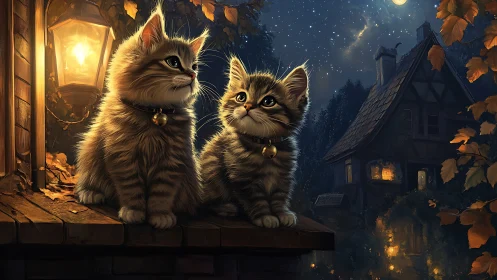 Two Kittens on Autumn Roof Under Starlit Night