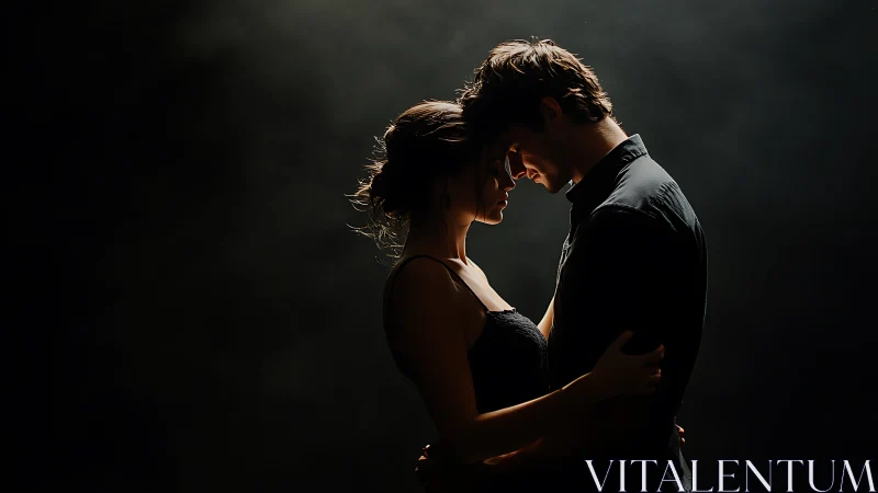 Two figures in backlighting embrace against dark background.