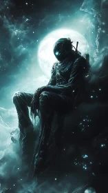 Lone cosmic wanderer rests in eerie moonlit nebula void