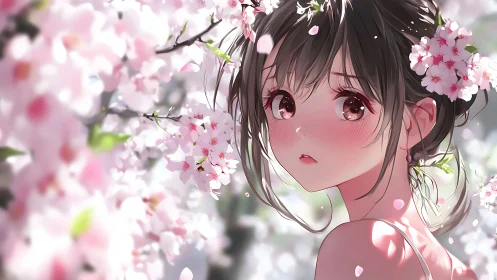Anime girl portrait among blooming cherry blossoms outdoors.