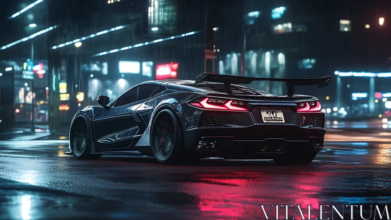 Widebody supercar in neon lit rainy street, rear three quarter