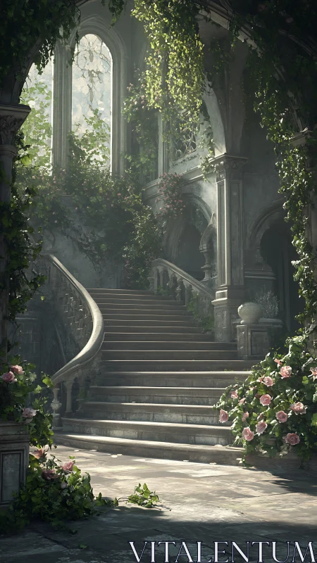 Overgrown neoclassical staircase bathed in diffused volumetric light