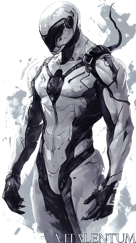 Armored humanoid cyborg stands in white exosuit armor