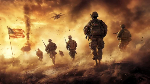 US soldiers advance through smoky battlefield at dusk.