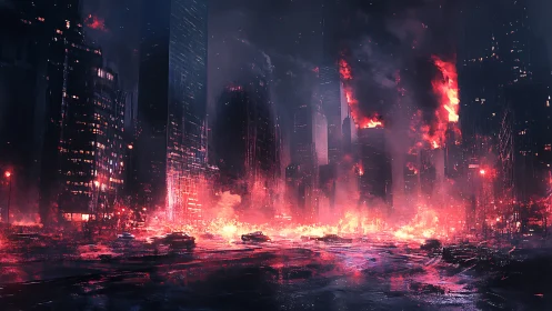 Nighttime cyberpunk metropolis engulfed in crimson inferno.