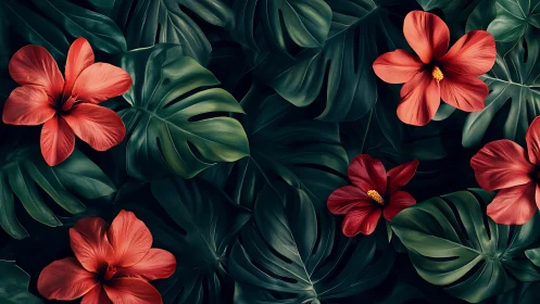 Vibrant Red Hibiscus Blooms Among Lush Tropical Foliage.