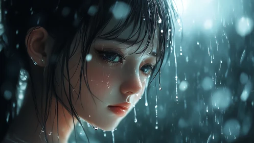 Digital portrait shows wet female face rendered in rainfall