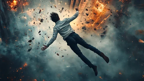 Kinetic blast dynamics with human figure in midair suspension.