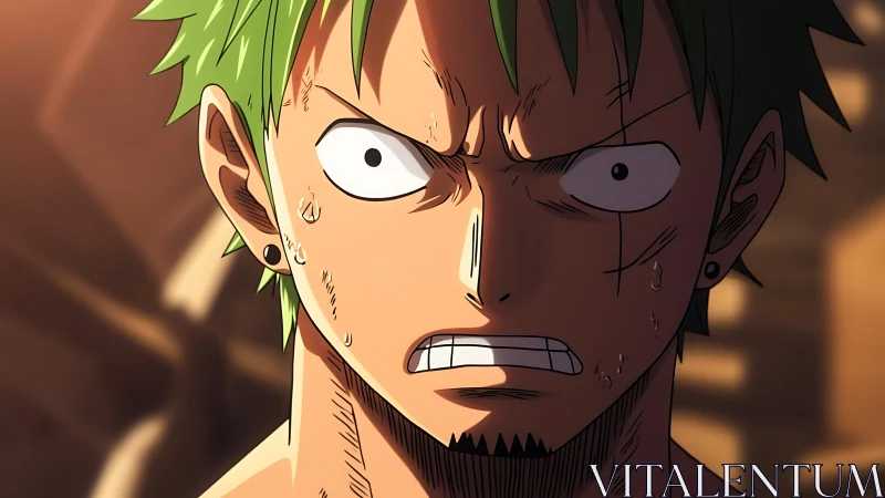 Intense anime close-up of green-haired male fighter sweating hard.