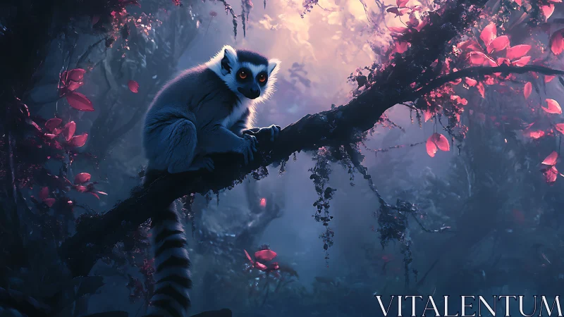 Ring tailed lemur sits on branch in glowing fantasy forest